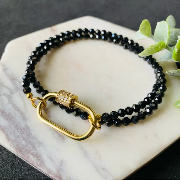 Sun Necklace CZ Gold Pendant and Black Tourmaline Choker Carabiner front Clasp - Picture 3 of 4